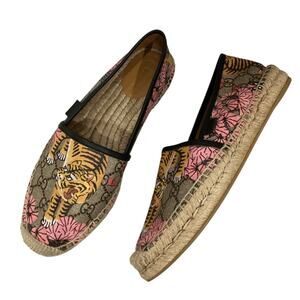 Gucci Bengal Tiger Floral GG Supreme Canvas Espadrilles Pink Tan‎ Black EU 38